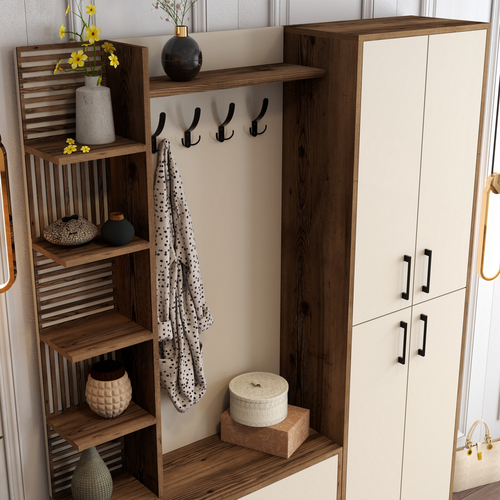 Nestor Wooden Coat Stand with 6 Doors in Walnut and Cream