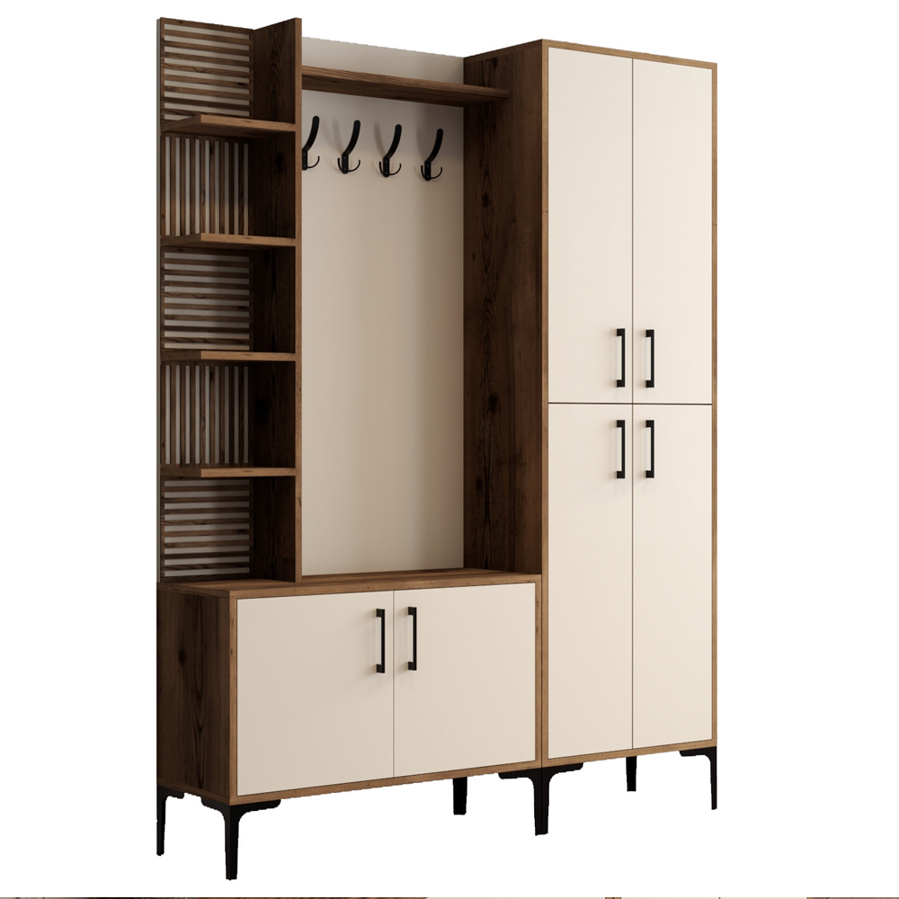 Nestor Wooden Coat Stand with 6 Doors in Walnut and Cream