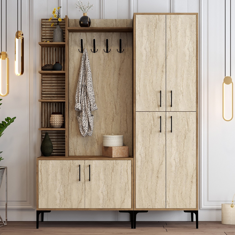 Nestor Wooden Coat Stand with 6 Doors in Walnut and Travertine Marble Effect