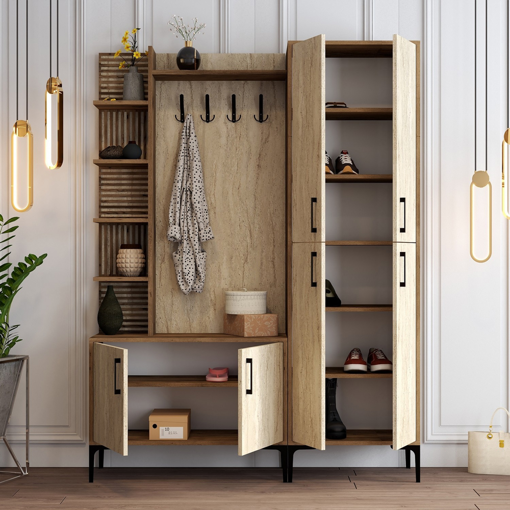 Nestor Wooden Coat Stand with 6 Doors in Walnut and Travertine Marble Effect