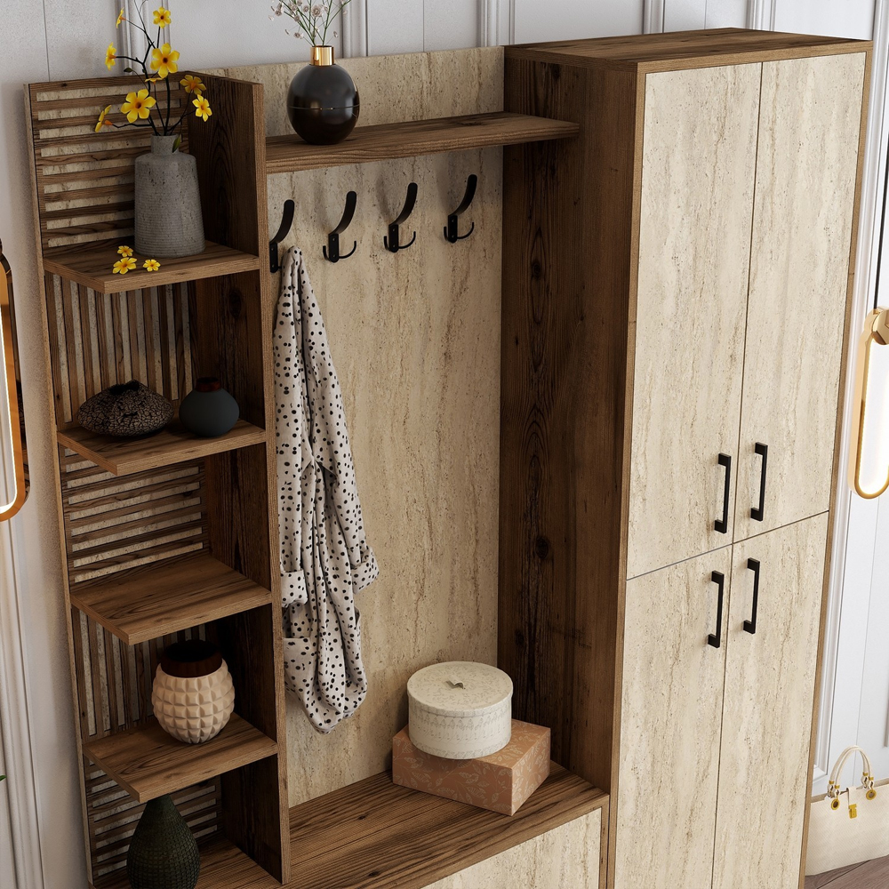 Nestor Wooden Coat Stand with 6 Doors in Walnut and Travertine Marble Effect