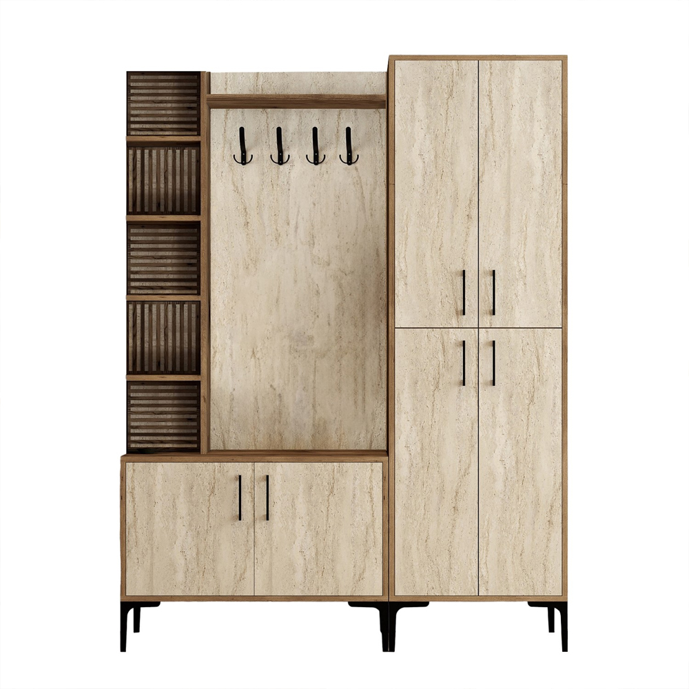 Nestor Wooden Coat Stand with 6 Doors in Walnut and Travertine Marble Effect