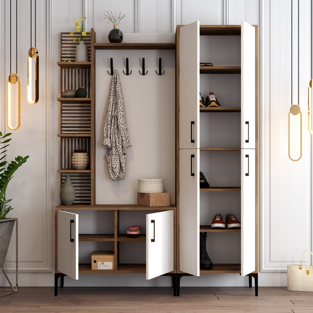 Nestor Wooden Coat Stand with 6 Doors in Walnut and White