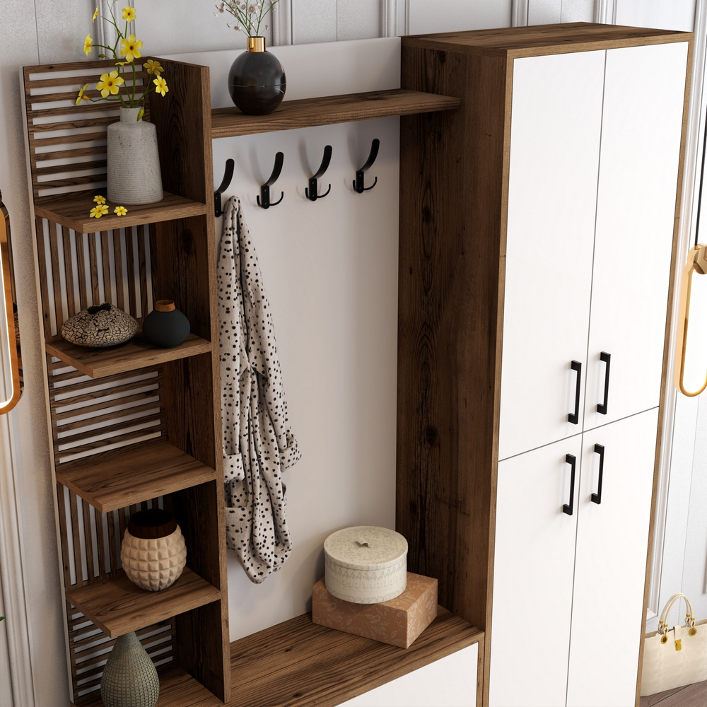 Nestor Wooden Coat Stand with 6 Doors in Walnut and White