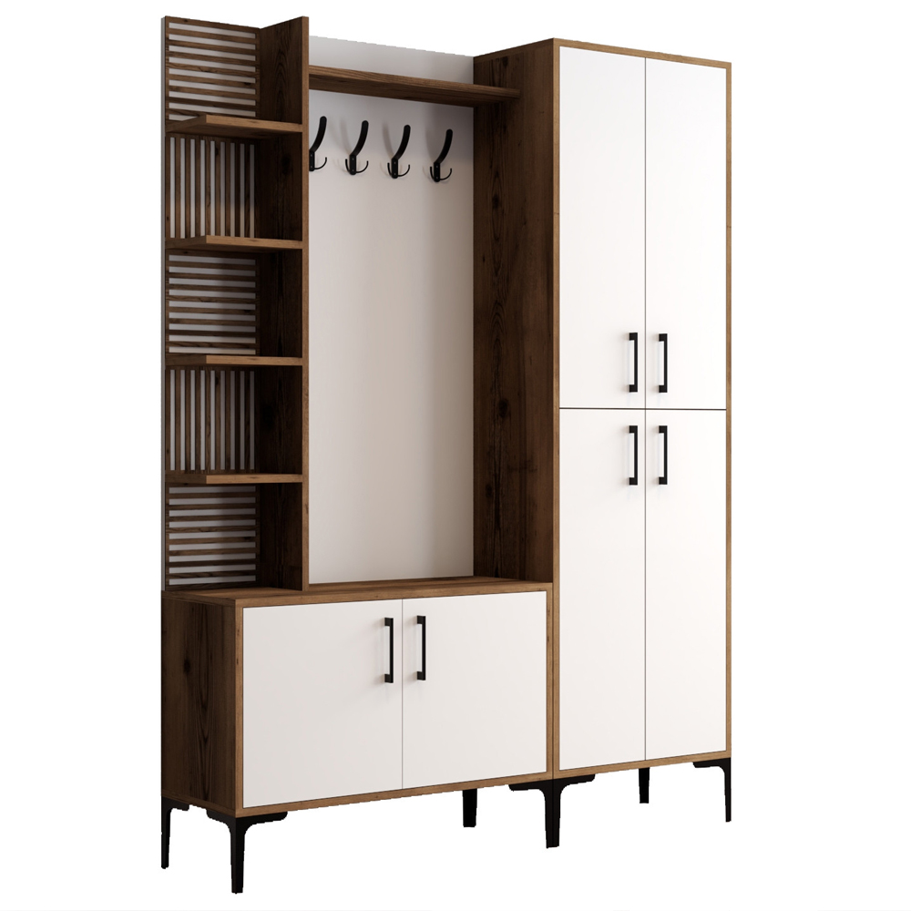 Nestor Wooden Coat Stand with 6 Doors in Walnut and White