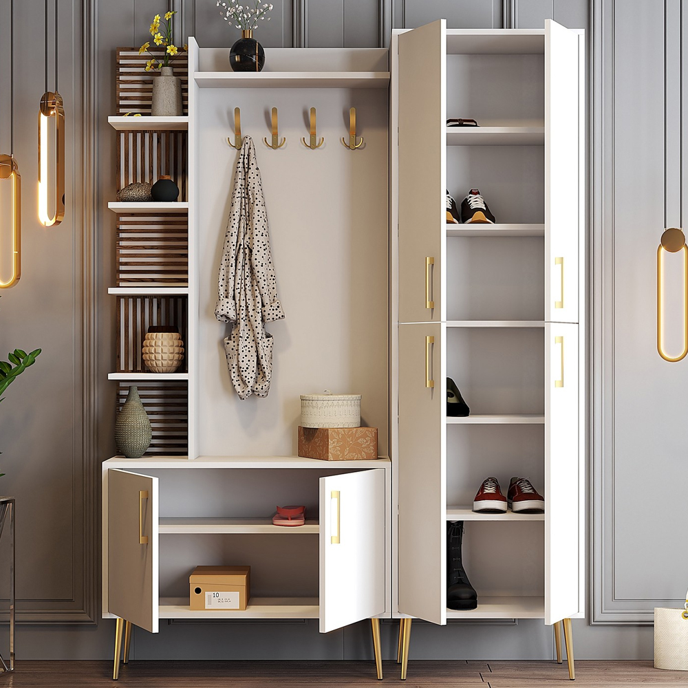 Nestor Wooden Coat Stand with 6 Doors in White and Gold