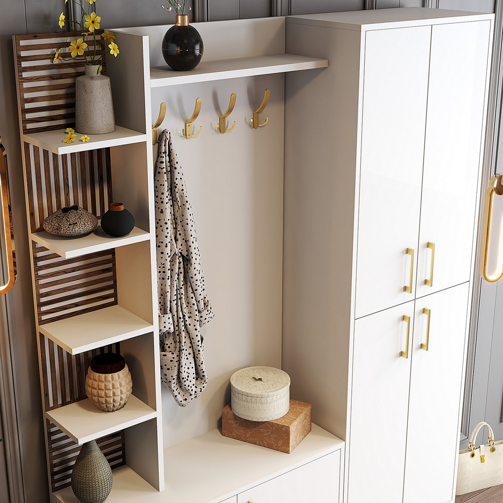 Nestor Wooden Coat Stand with 6 Doors in White and Gold
