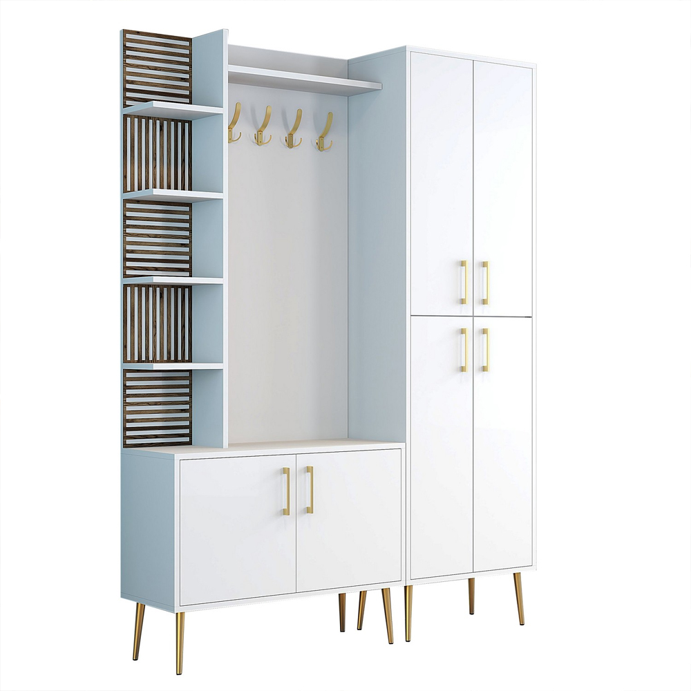 Nestor Wooden Coat Stand with 6 Doors in White and Gold