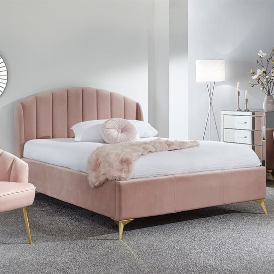 Pulford Velvet End Lift Storage Double Bed In Blush Pink