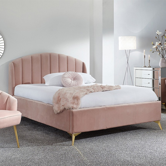 Photo of Pulford velvet end lift storage double bed in blush pink