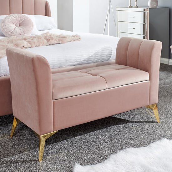 Product photograph of Pulford Velvet Upholstered Ottoman Storage Bench In Blush Pink from Furniture in Fashion