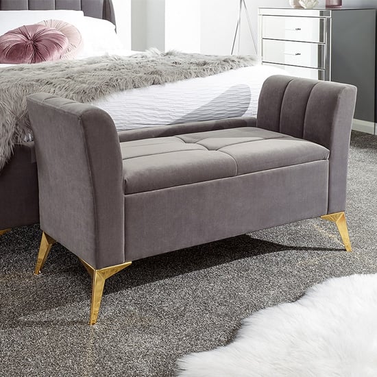 Photo of Pulford velvet upholstered ottoman storage bench in grey