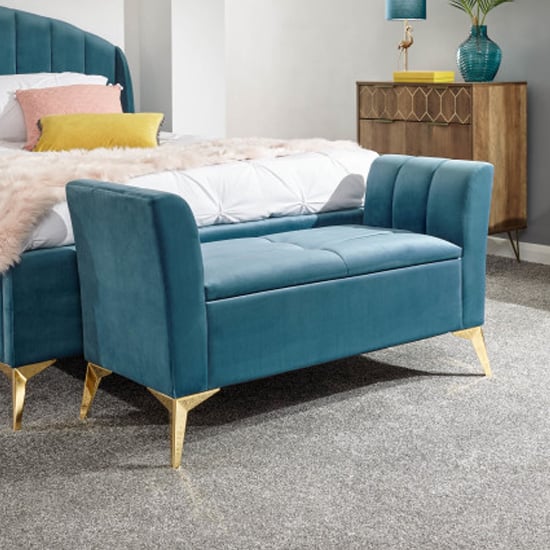 Product photograph of Pulford Velvet Upholstered Ottoman Storage Bench In Teal from Furniture in Fashion