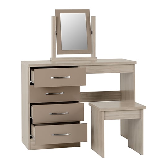 Mack Oak Wooden Dressing Table Set With Oyster Gloss Front