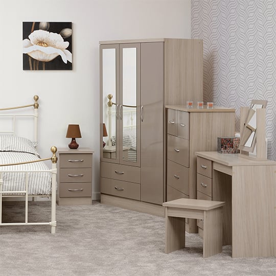 Mack Oak Wooden Dressing Table Set With Oyster Gloss Front