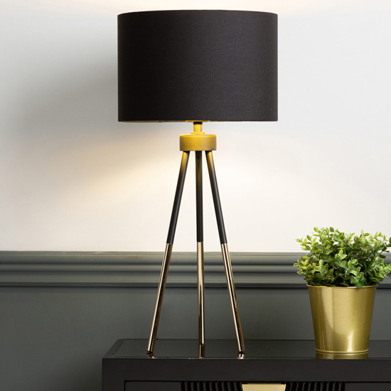 Photo of Nevada black linen shade table lamp with black and gold tripod