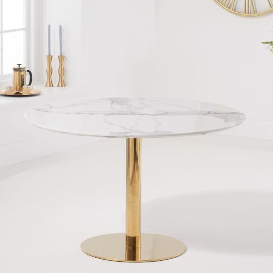 Nevado Round Dining Table With Gold Leg In White Marble Effect_2
