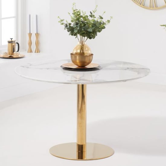 Nevado White Marble Effect Round Dining, Round Glass Dining Table With Gold Legs