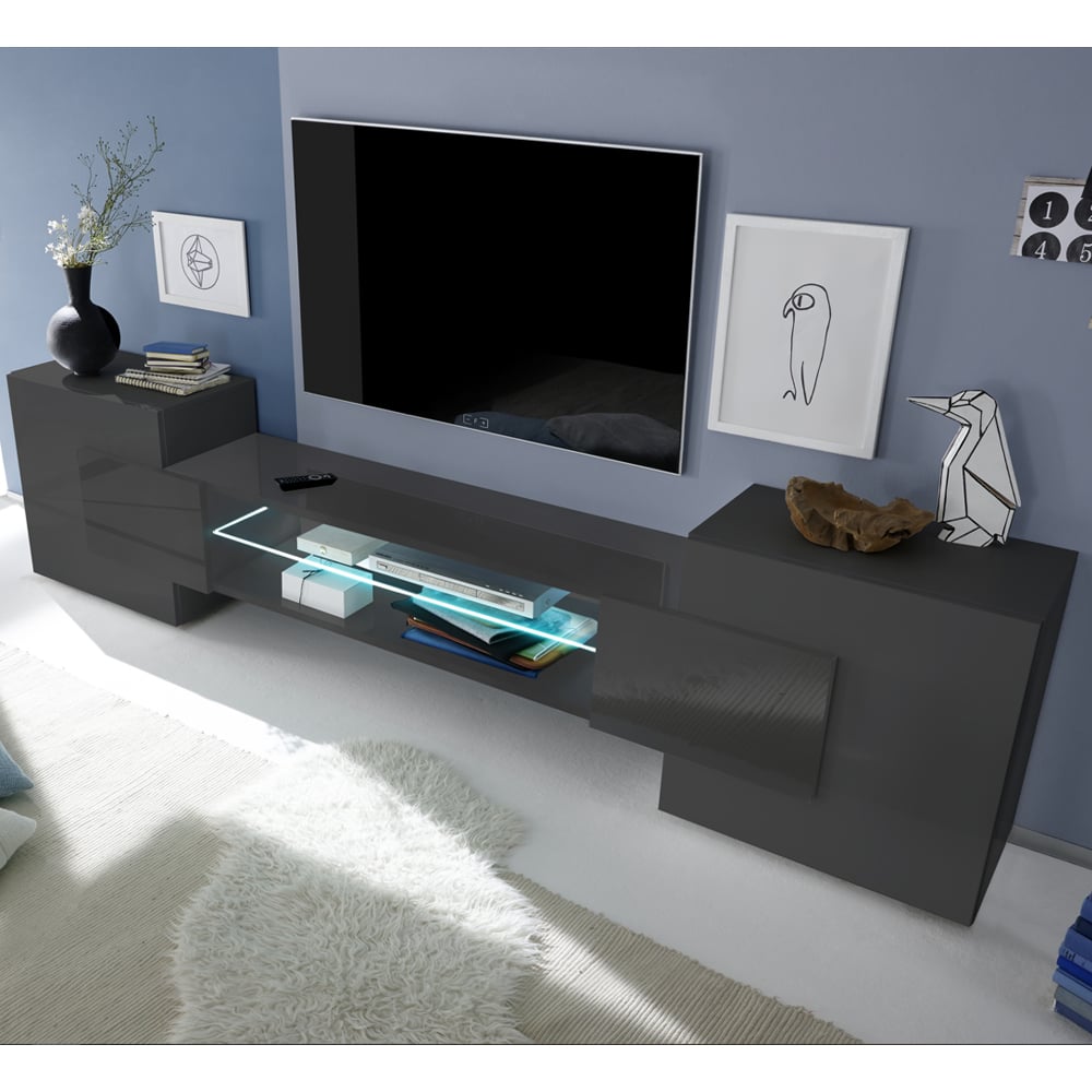 Read more about Nevaeh dark grey high gloss tv stand with 2 doors and led lights