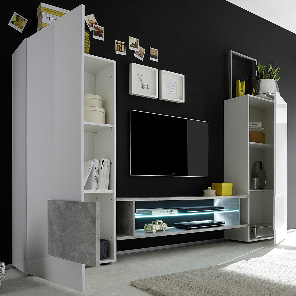 Nevaeh White High Gloss Entertainment Unit In Cement With LED