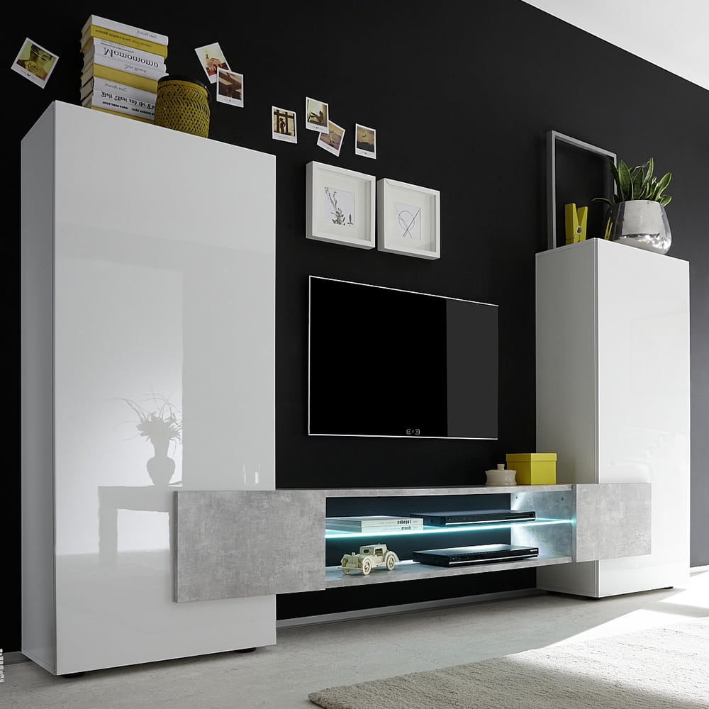 Nevaeh White High Gloss Entertainment Unit In Cement With LED