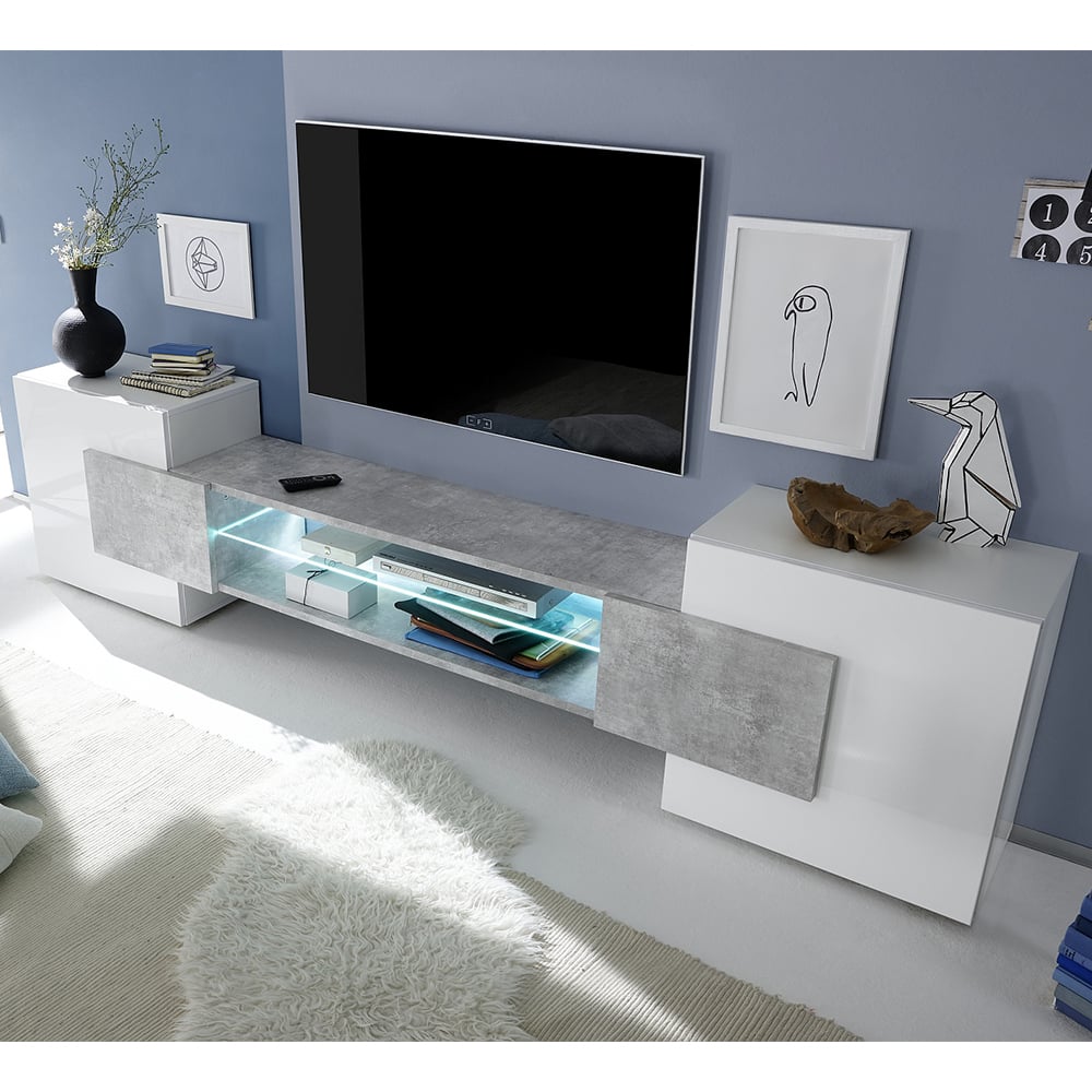 Nevaeh White High Gloss TV Stand 2 Doors In Cement With LED