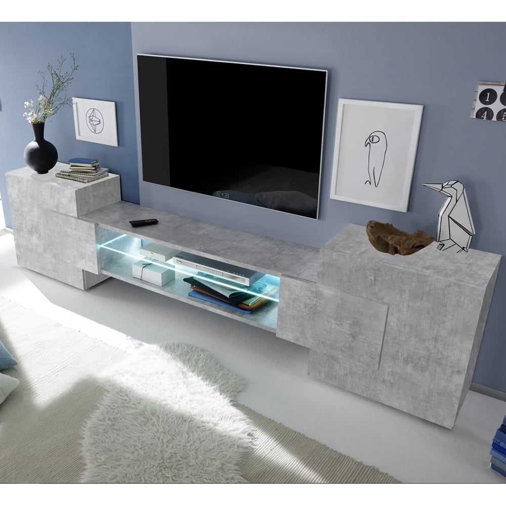 Read more about Nevaeh wooden tv stand with 2 doors in concrete effect and led lights