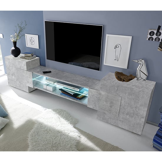 Nevaeh Wooden TV Stand With 2 Doors In Concrete Effect And LED Lights