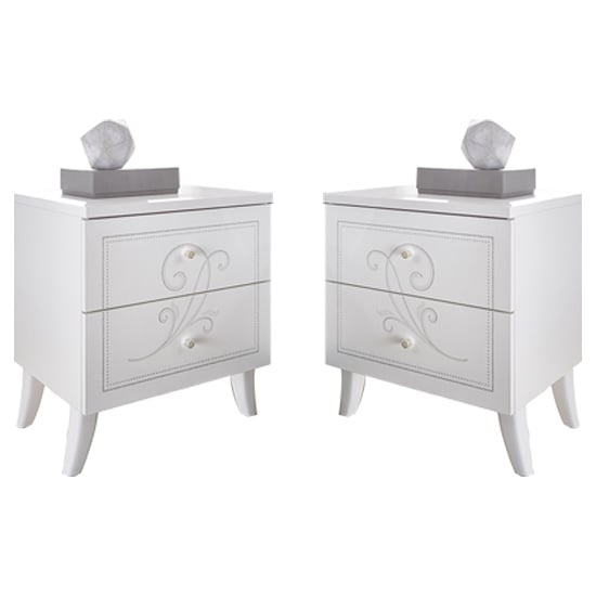 Nevea Serigraphed White Wooden Nightstands In Pair