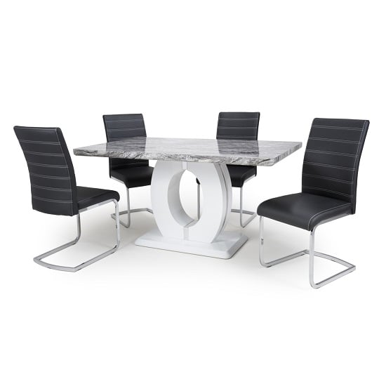 Naiva Gloss Marble Effect Dining Table With 4 Black Chairs_1