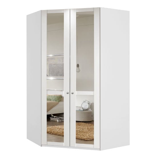 Product photograph of New Tork Tall Mirrored Corner Wardrobe In White from Furniture in Fashion