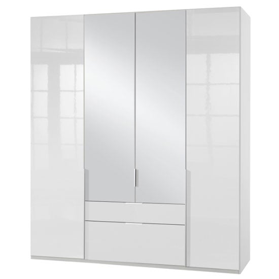 New Xork 4 Doors Mirrored Wardrobe In High Gloss White