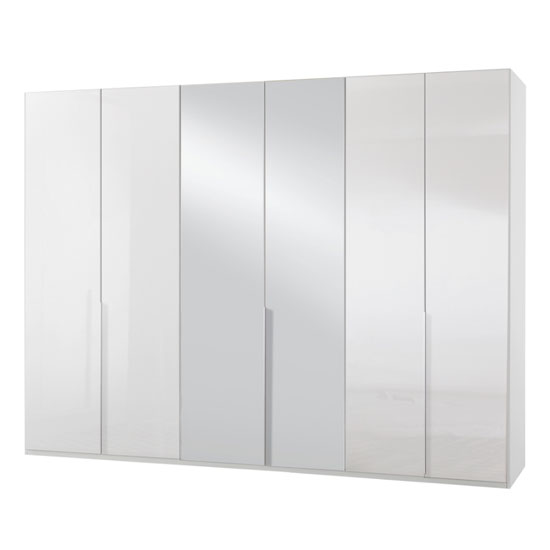 New Xork Tall Mirrored Wardrobe In High Gloss White 6 Doors