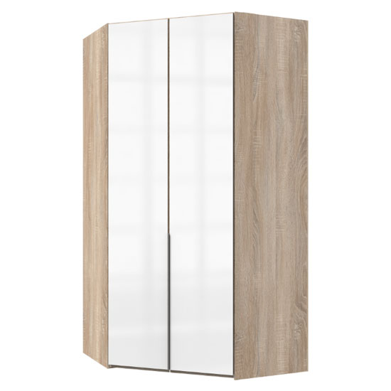 New xork tall wooden corner wardrobe in high gloss white and oak £899.