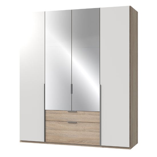 New York Mirrored 4 Doors Wardrobe In White And Oak