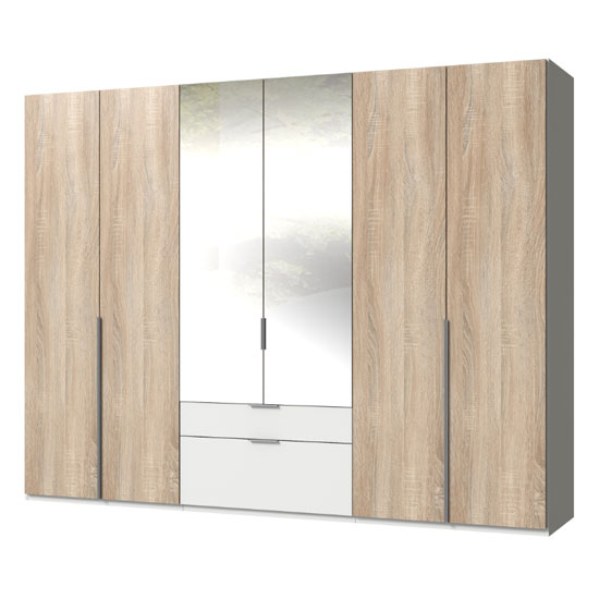 New York Mirrored 6 Doors Wardrobe In Oak And White