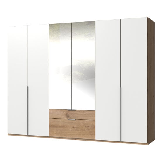 New York Mirrored 6 Doors Wardrobe In White And Planked Oak