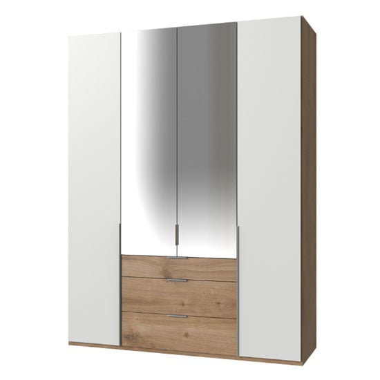 New York Tall Mirrored 4 Doors Wardrobe In White And Planked Oak