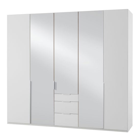 New York Tall Mirrored 5 Doors Wardrobe In White