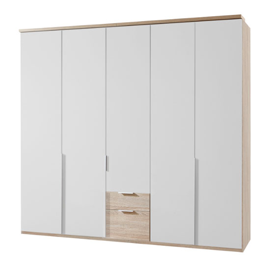New York Wooden 5 Doors Wardrobe In White And Oak