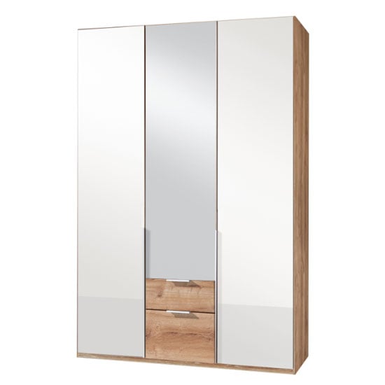 Read more about New zork mirrored 3 door wardrobe in gloss white and planked oak