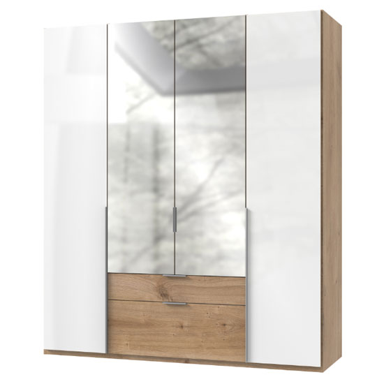 Read more about New zork mirrored 4 door wardrobe in gloss white and planked oak