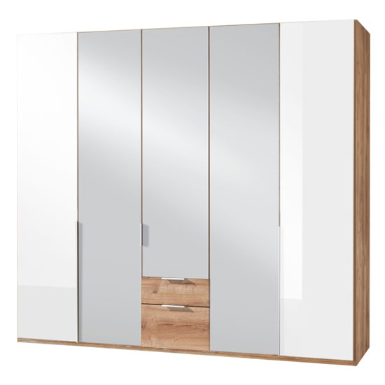 New Zork Mirrored 5 Door Wardrobe In Gloss White And Planked Oak