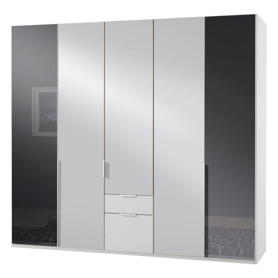 New Zork Mirrored 5 Doors Wardrobe In Gloss Grey And White