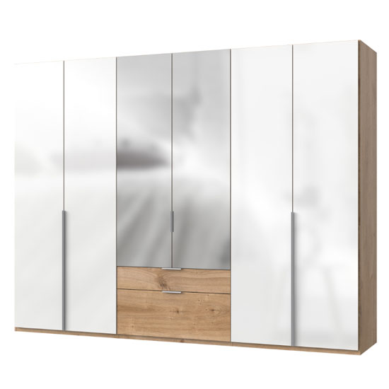 Read more about New zork mirrored 6 door wardrobe in gloss white and planked oak