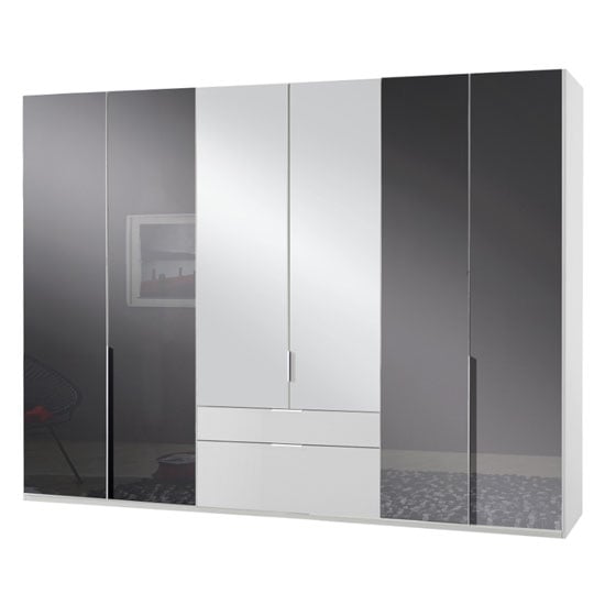 New Zork Mirrored 6 Doors Wardrobe In Gloss Grey And White