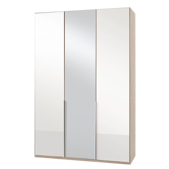 New Zork Mirrored Wardrobe In Gloss White And Oak 3 Doors