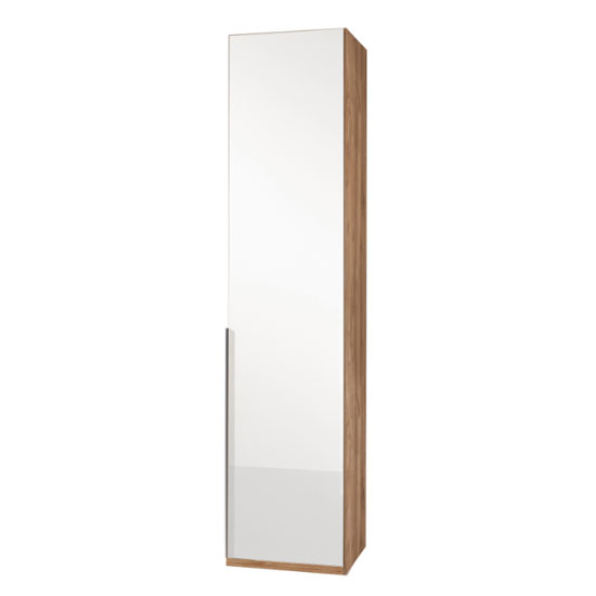 Read more about New zork tall 1 door wardrobe in gloss white and planked oak