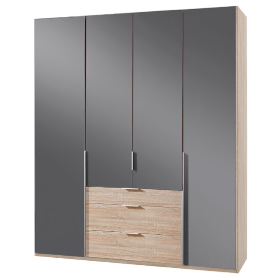 Read more about New zork tall 4 doors wardrobe in gloss grey and oak