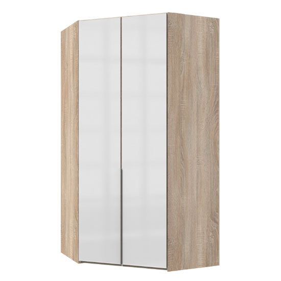 New Zork Tall Wooden Corner Wardrobe In Gloss White And Oak